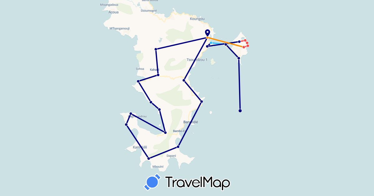 TravelMap itinerary: driving, plane, hiking, boat, hitchhiking in Mayotte (Africa)